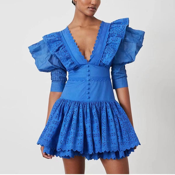 V-Neck Ruffle Summer Dress - Blue Elegance