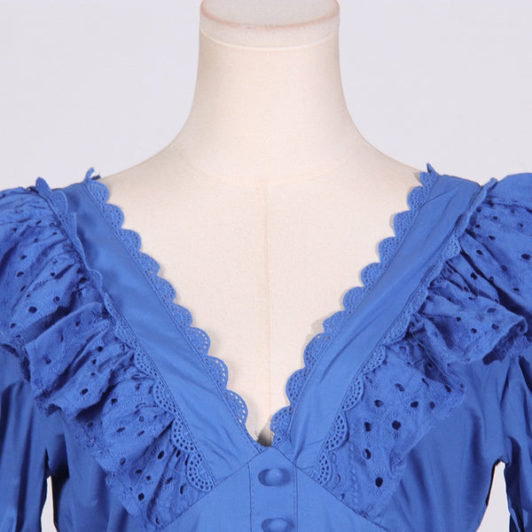 V-Neck Ruffle Summer Dress - Blue Elegance