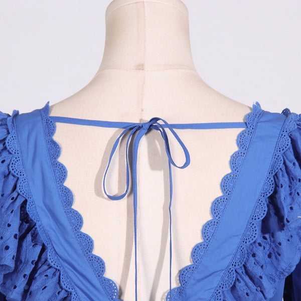 V-Neck Ruffle Summer Dress - Blue Elegance