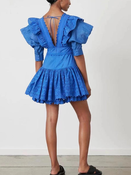 V-Neck Ruffle Summer Dress - Blue Elegance