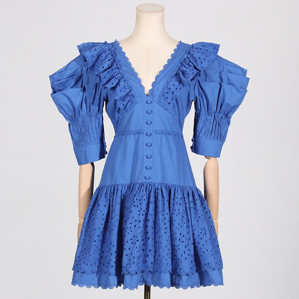 V-Neck Ruffle Summer Dress - Blue Elegance