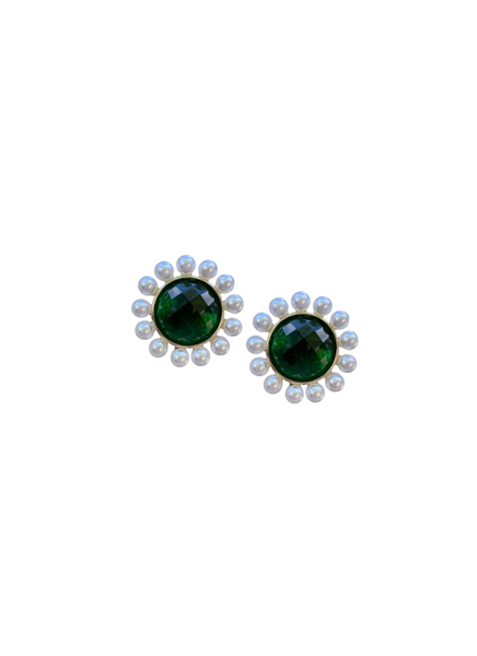 Emerald + Pearl Halo Stud Earrings