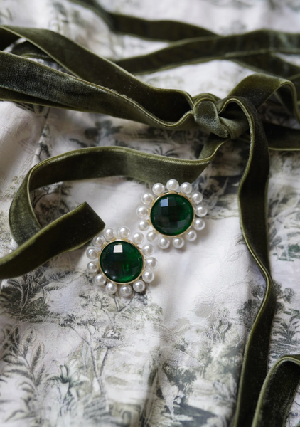Emerald + Pearl Halo Stud Earrings