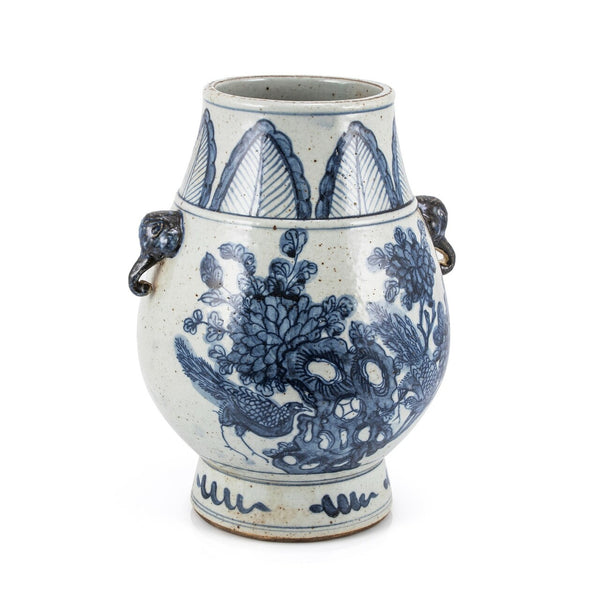 Blue And White Porcelain Pheasant Flower Jar With Elephant Nose Handle