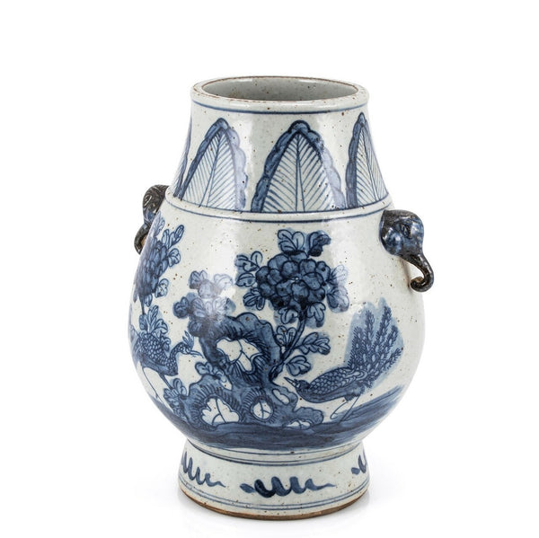 Blue And White Porcelain Pheasant Flower Jar With Elephant Nose Handle