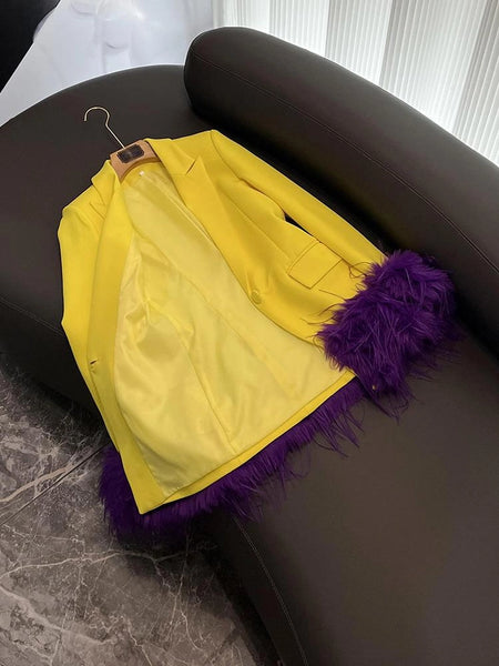 Yellow Blazer with Purple Feather Cuffs