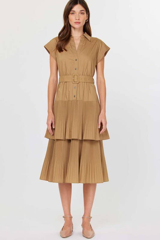 Button Down Tiered Midi Dress W/buckle Belt