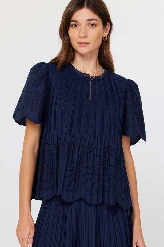 Half Sleeve Pleated Eyelet Top