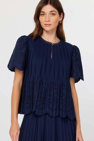 Half Sleeve Pleated Eyelet Top