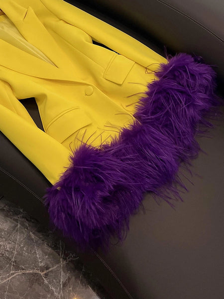 Yellow Blazer with Purple Feather Cuffs