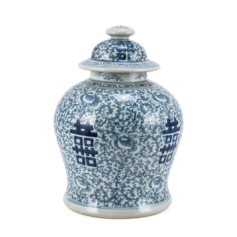 Blue and White Double Happiness Floral Temple Jar