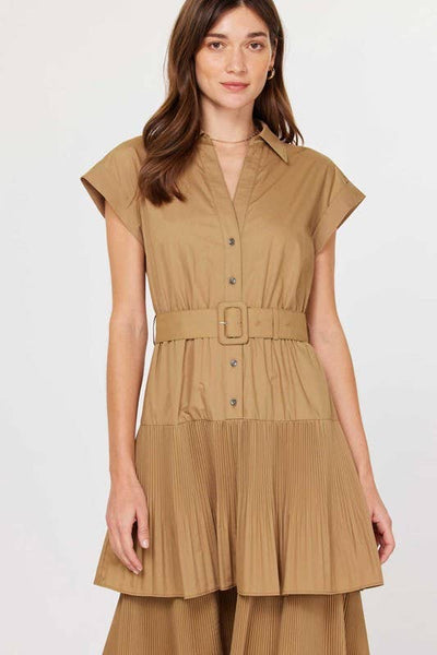 Button Down Tiered Midi Dress W/buckle Belt