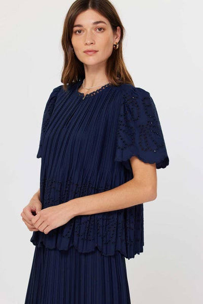 Half Sleeve Pleated Eyelet Top