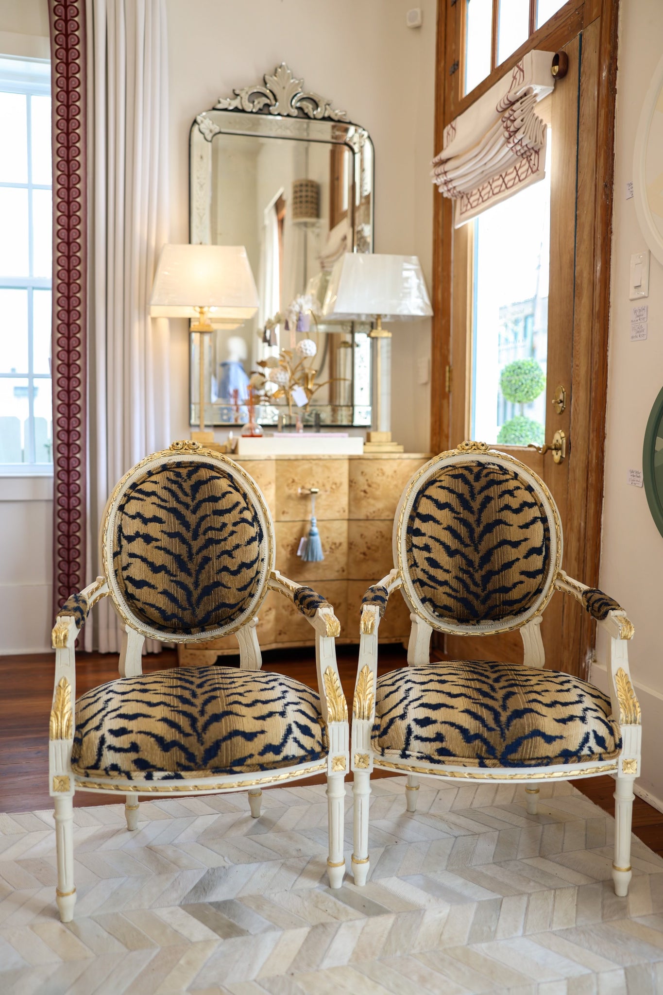 Pair of Custom Painted Louis XVI Antique Carved Fauteuil with Gold Leaf Upholstered in Tiger Print