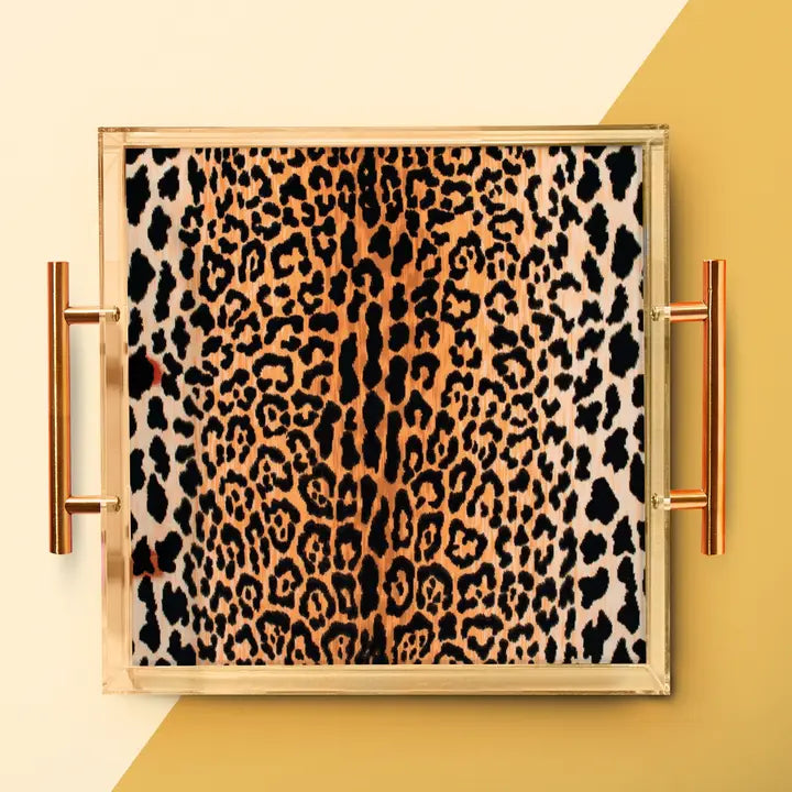 Leopard Print Acrylic Tray with Gold Handles