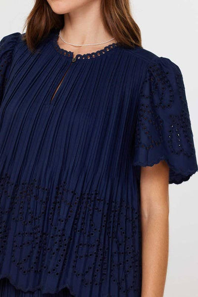 Half Sleeve Pleated Eyelet Top