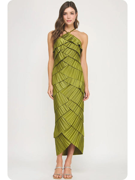 Olive Satin Midi Dress