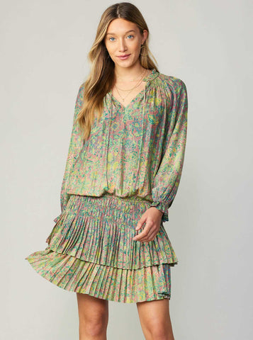 Green Floral Pleated Mini Dress