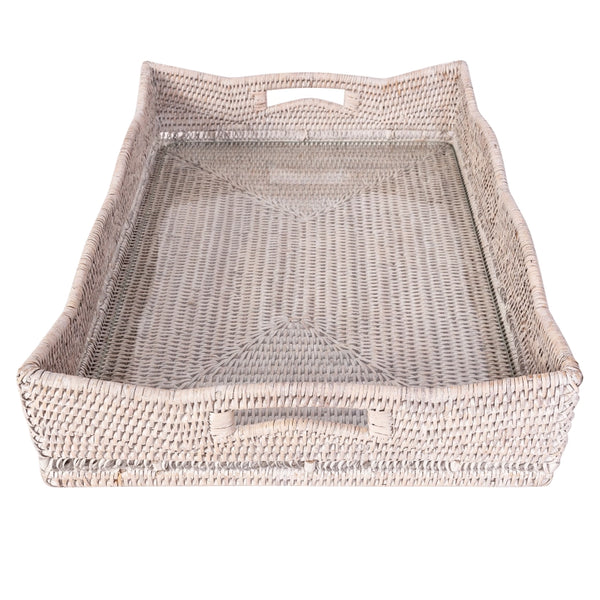 Rattan Scallop Rectangular Tray with Glass Insert