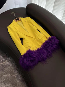 Yellow Blazer with Purple Feather Cuffs