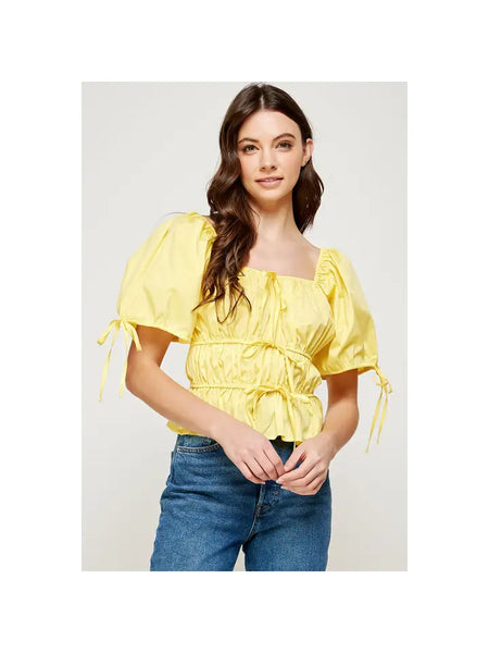 Shirred Elastic Short Sleeve Poplin Top