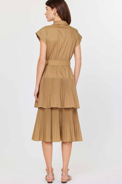 Button Down Tiered Midi Dress W/buckle Belt