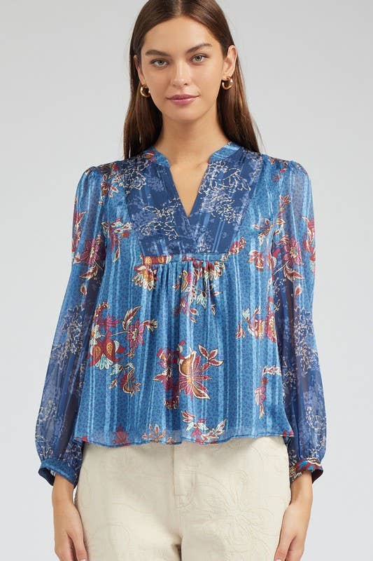 Floral Printed Neck Contrast Blouse