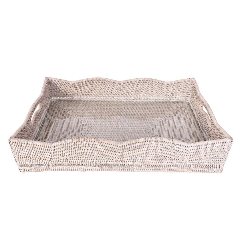 Rattan Scallop Rectangular Tray with Glass Insert