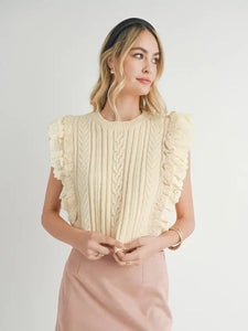 Vicki Lace Ruffles Sweater Tank in Cream