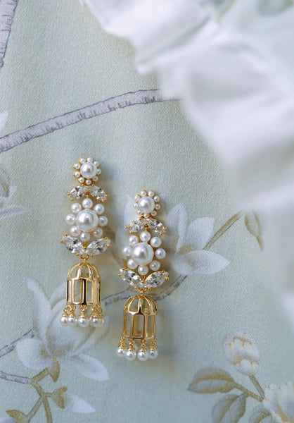 Embellished Flower & Golden Bird Cage Earrings