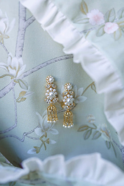 Embellished Flower & Golden Bird Cage Earrings