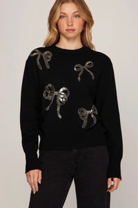 Long Sleeve Sequins Ribbon Sweater Top