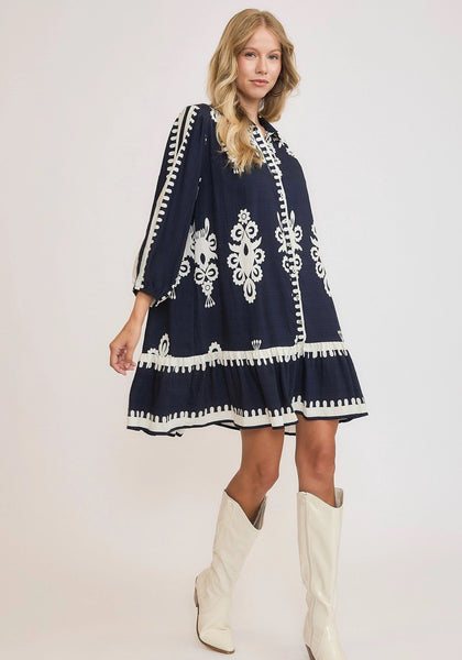 Border Print Collared Detail Long Sleeve Dress