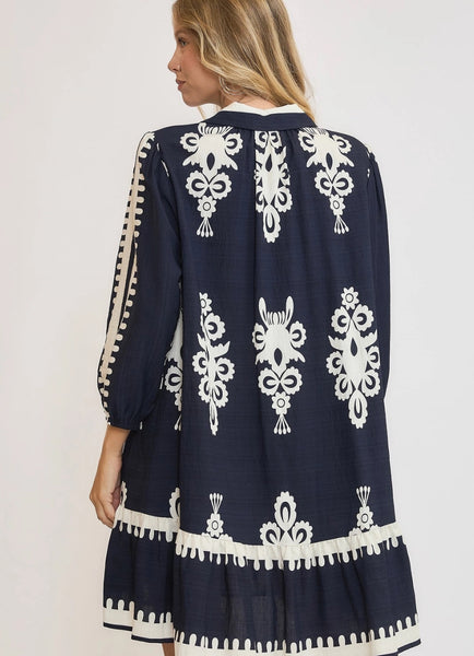 Border Print Collared Detail Long Sleeve Dress