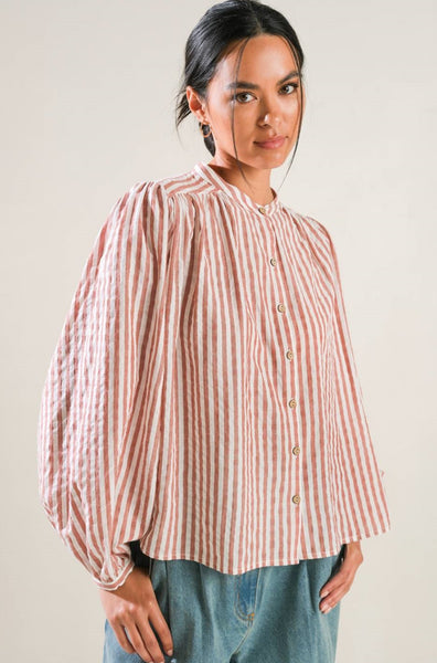 Striped Peasant Long Blouson Sleeve Shirt