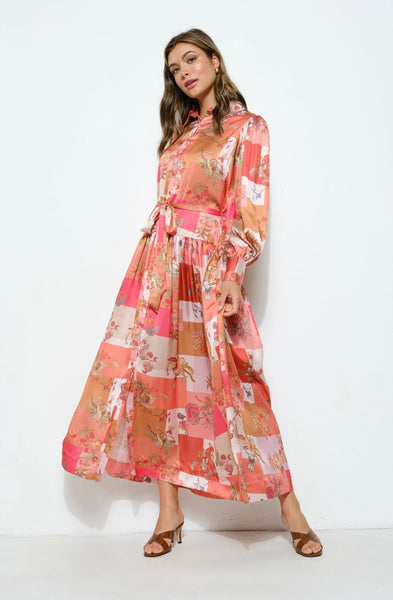 Louisa Long Sleeve Coral Multi Pattern Maxi Dress