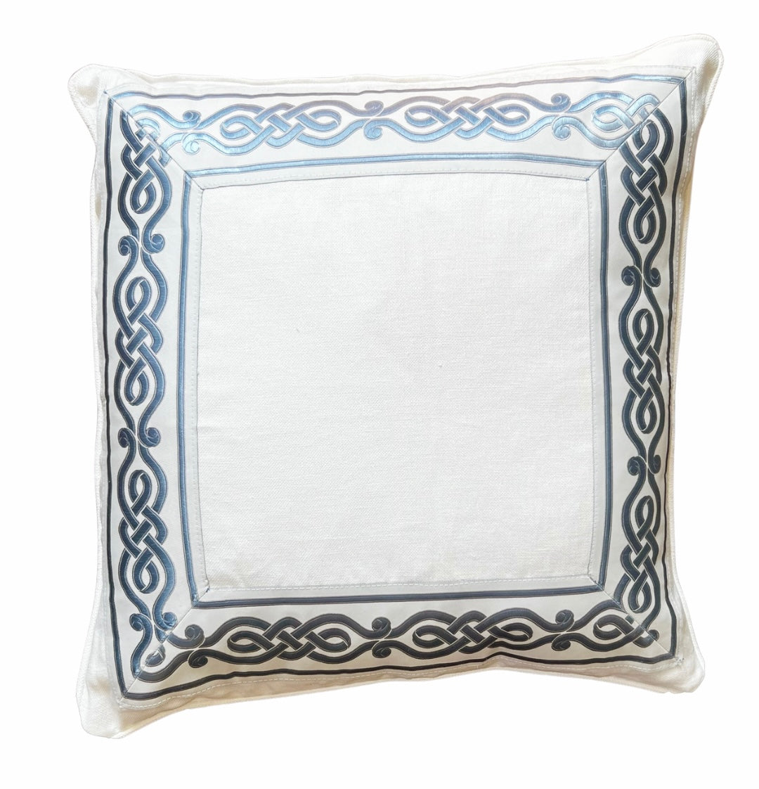 White Linen Pillow With Blue Tape Trim
