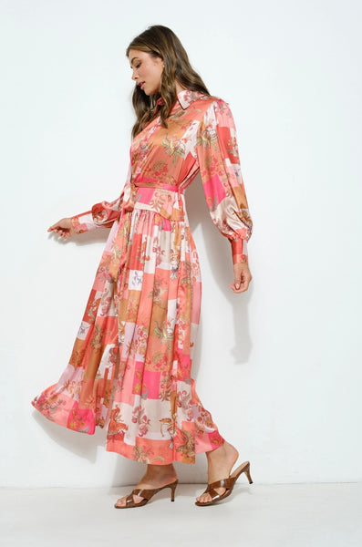 Louisa Long Sleeve Coral Multi Pattern Maxi Dress