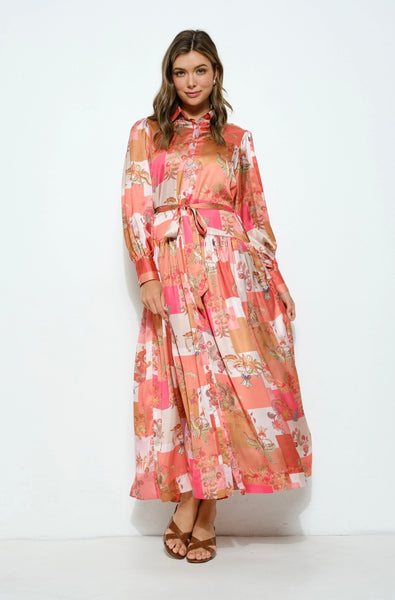 Louisa Long Sleeve Coral Multi Pattern Maxi Dress