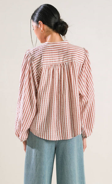 Striped Peasant Long Blouson Sleeve Shirt