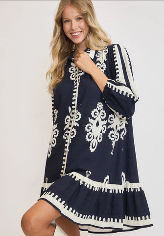 Border Print Collared Detail Long Sleeve Dress