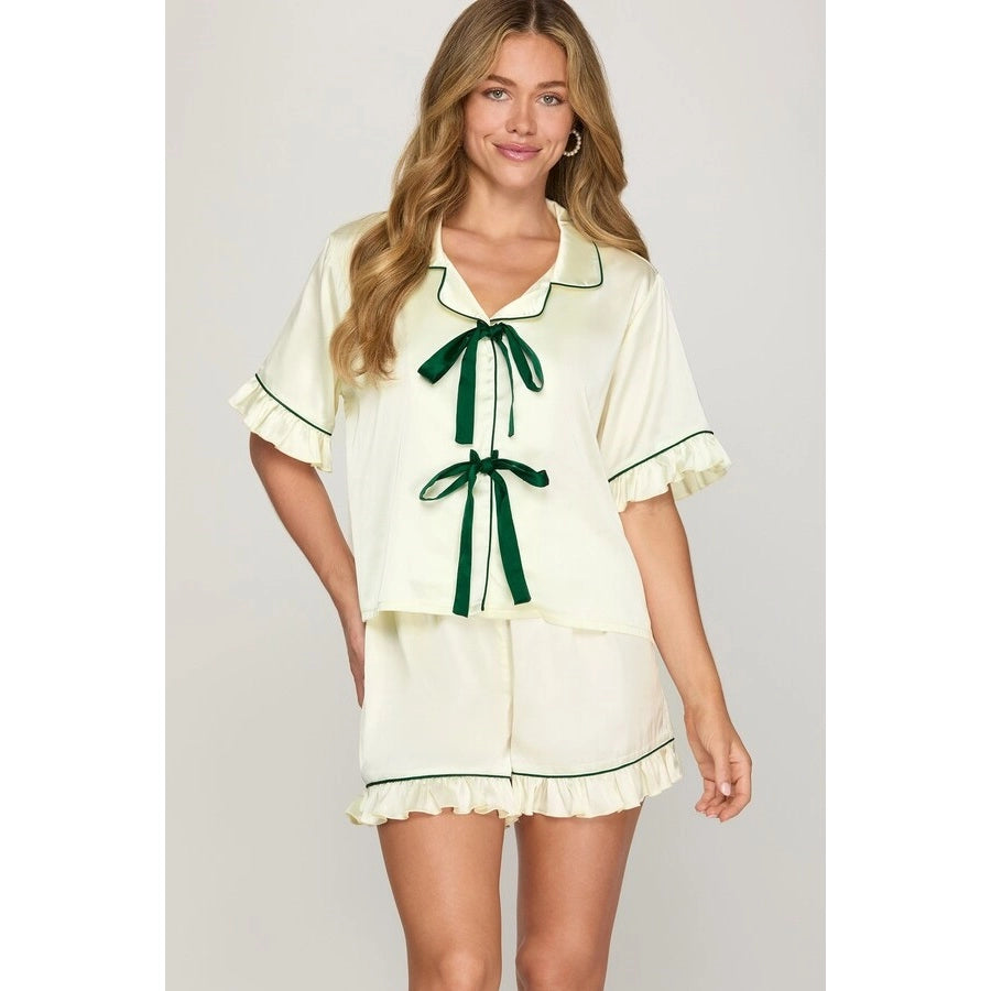 Solid Short Sleeve Front Tie and Shorts Pajama Set