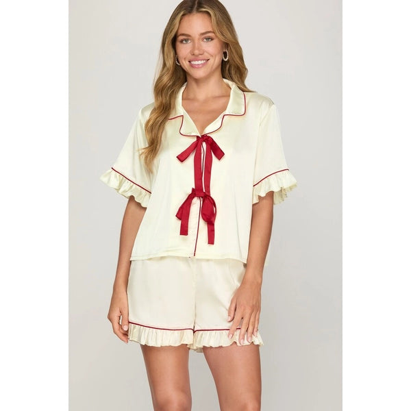 Solid Short Sleeve Front Tie and Shorts Pajama Set