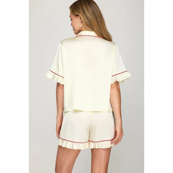 Solid Short Sleeve Front Tie and Shorts Pajama Set