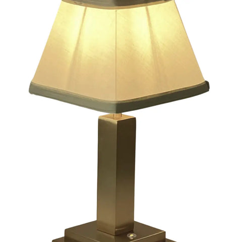 Rechargeable Table Lamp – Gold Square Base, Green Trim Pleated Shade