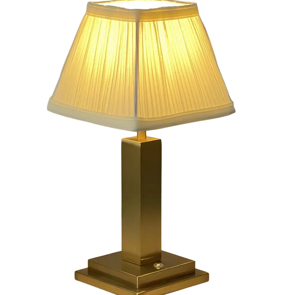 Rechargeable Table Lamp – Gold Square Base, Ivory Pleated Shade
