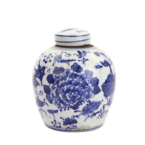 Blue & White Mini Jar Peony Lotus Motif