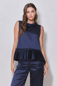 Brianna Sleeveless Satin Pleated-hem Top in Navy