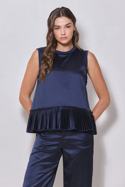 Brianna Sleeveless Satin Pleated-hem Top in Navy