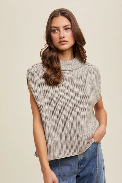 Sleeveless Turtleneck Sweater Top in Stone